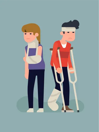 Unhappy injured woman and man with plaster cast on leg, arm and neck, crutches, bondage on head  Illustration