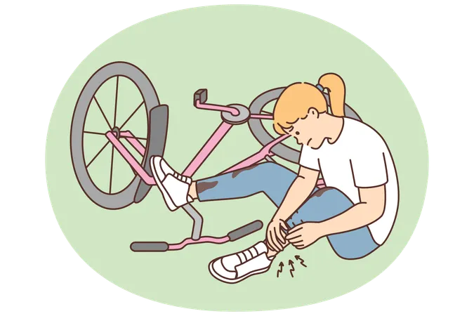 Unhappy kid falling from bicycle injure foot  Illustration
