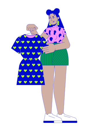 Unhappy latina woman holding hanger with dress  일러스트레이션