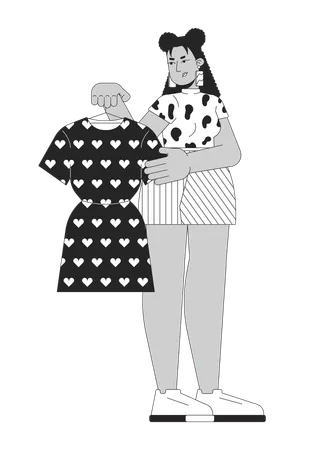 Unhappy Woman Holding Dress Black And White 2 D Line Cartoon Character Curvy Hispanic Female Returning Clothes Isolated Vector Outline Person Shopping Monochromatic Flat Spot Illustration Illustration