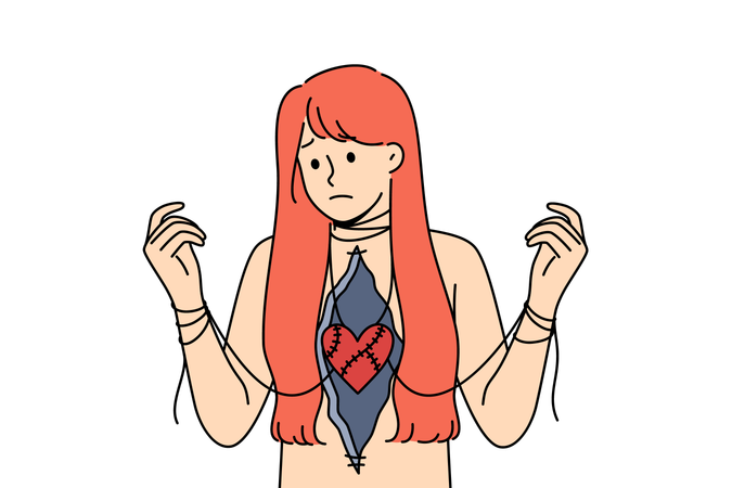 Unhappy love and problematic relationships upset woman with traumatized heart and tied hands  Illustration