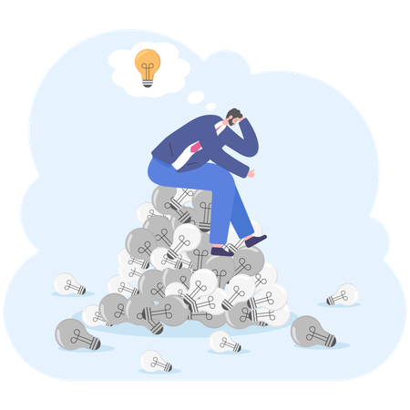 Unhappy male employee sitting on pile of unworkable light bulbs  Illustration