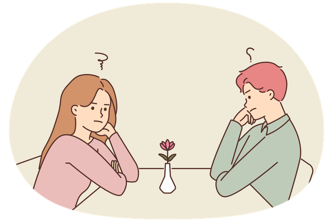 Unhappy man and woman sit at table in restaurant at first date feeling confused and stressed  Illustration