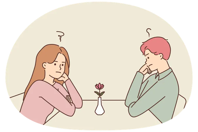 Unhappy man and woman sit at table in restaurant at first date feeling confused and stressed  Illustration