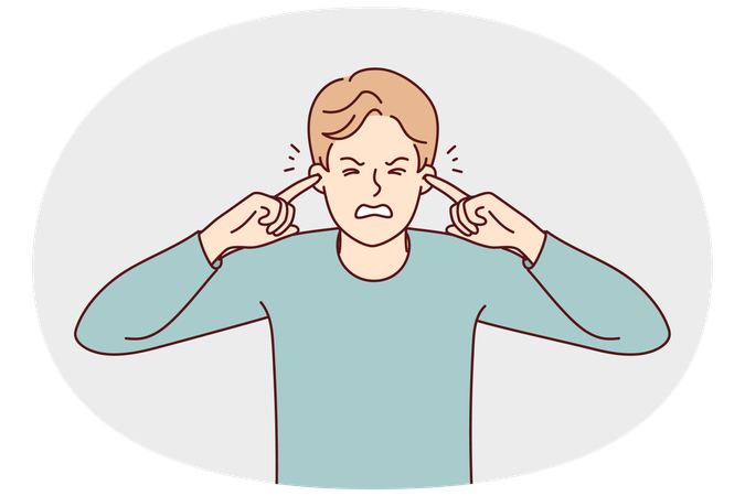 Unhappy man close ears suffer from noise  Illustration