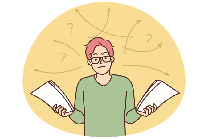 Unhappy man confused with paperwork  Illustration