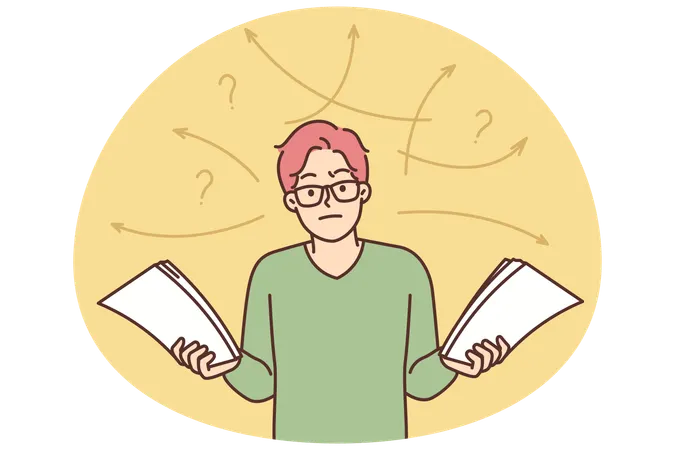 Unhappy man confused with paperwork  Illustration