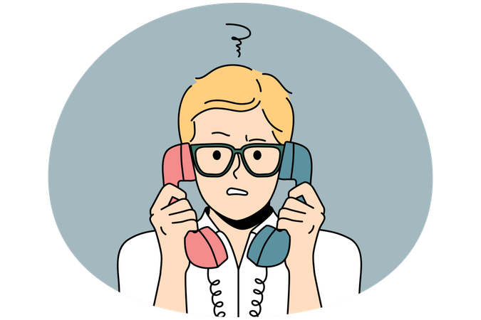 Unhappy man feel confused talking on landline phones  Illustration