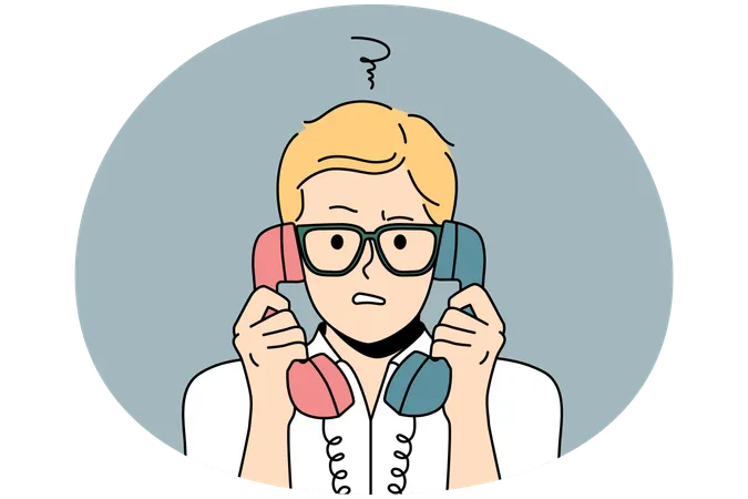 Unhappy man feel confused talking on landline phones  Illustration