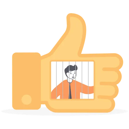Smartphone And Social Networking Addiction Unhappy Man In Cage Into Large Sign Like Hostage Of Social Networking Messenger Vector Illustration Flat Illustration