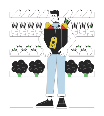 Unhappy man in grocery store  Illustration