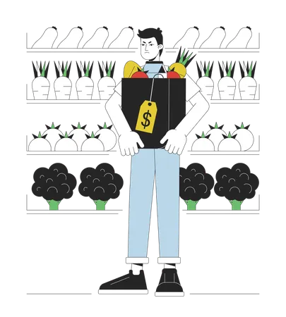 Unhappy man in grocery store  Illustration