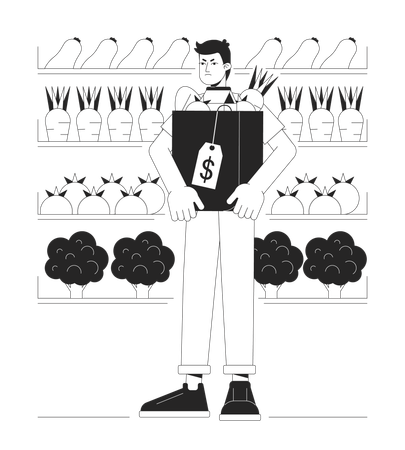 Unhappy man in grocery store  Illustration