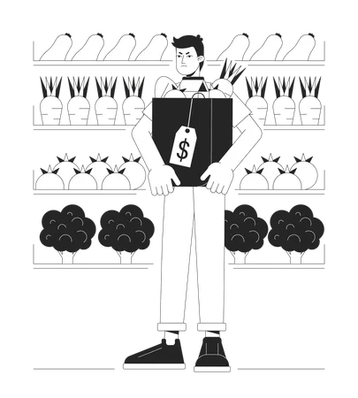 Unhappy man in grocery store  Illustration