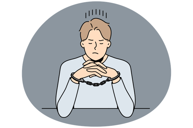 Unhappy man in handcuffs sit at table  Illustration