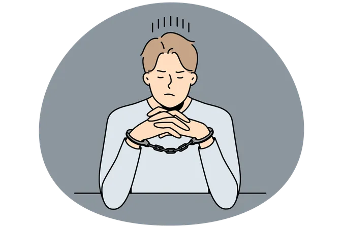 Unhappy man in handcuffs sit at table  Illustration