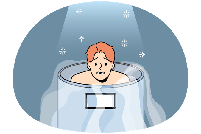 Unhappy man in reservoir undergo cryotherapy procedure in clinic  Illustration