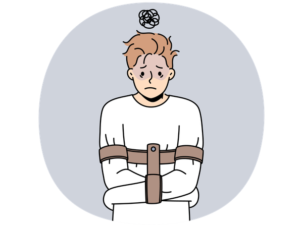 Unhappy man in straitjacket suffer from mental problems  Illustration