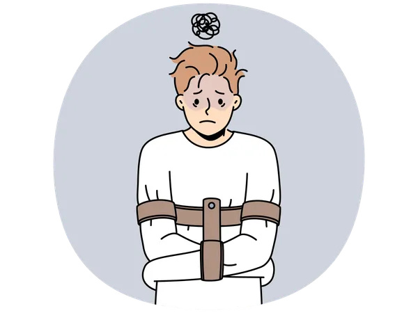 Unhappy man in straitjacket suffer from mental problems  Illustration