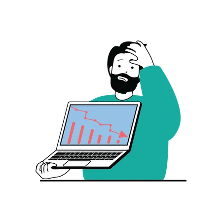 Unhappy man presenting loss chart on laptop  Illustration