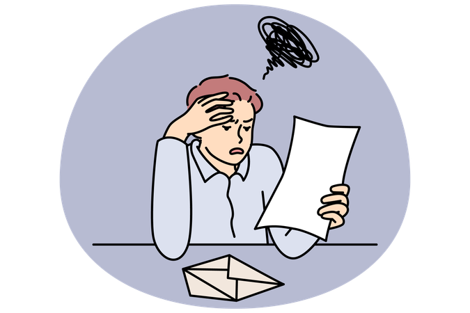 Unhappy man reading bad news in letter feel frustrated with massage  Illustration