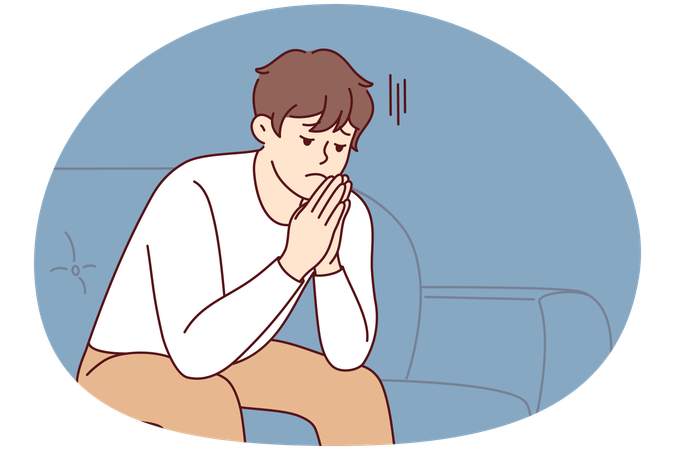 Unhappy man sit on sofa feeling stressed  Illustration