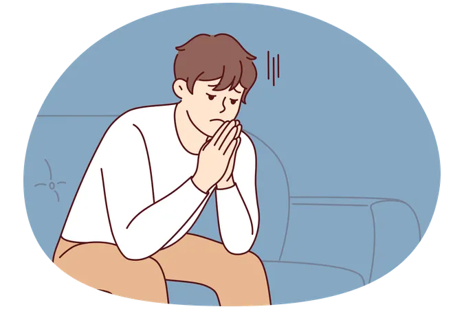 Unhappy man sit on sofa feeling stressed  Illustration