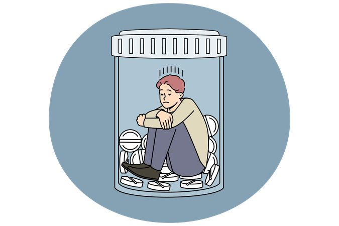 Unhappy man sitting in bottle with medicines suffer from depression  Illustration