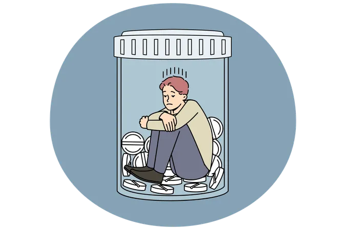 Unhappy man sitting in bottle with medicines suffer from depression  Illustration