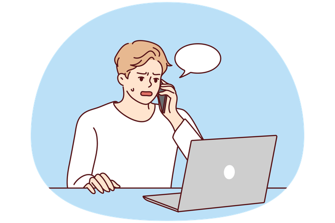 Unhappy man speak with helpline having computer problem  Illustration