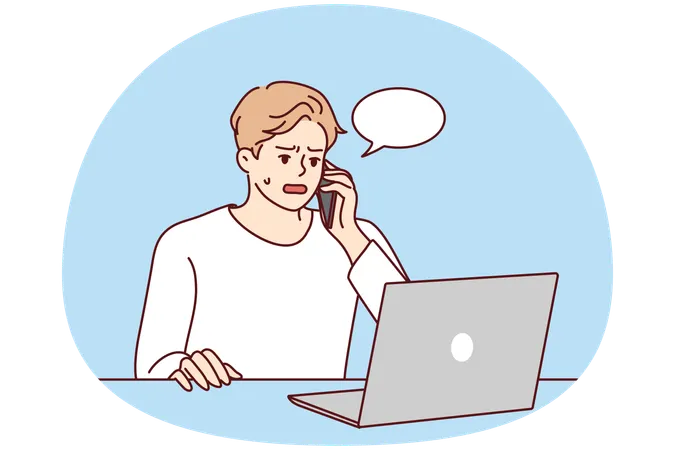 Unhappy man speak with helpline having computer problem  Illustration