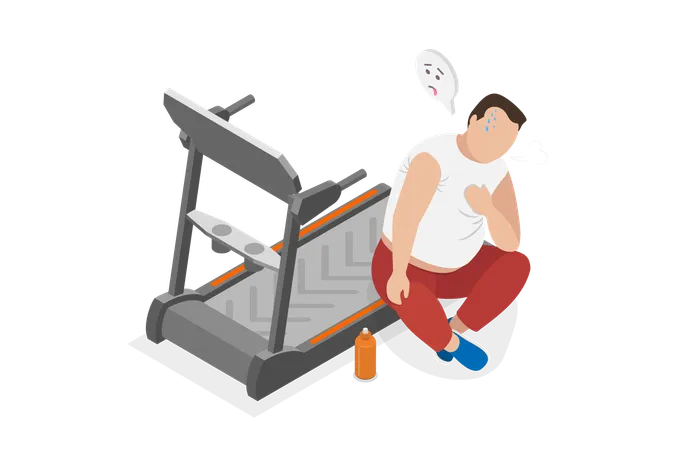 3 D Isometric Flat Vector Illustration Of Unhappy Man Trying To Lose Weight Burning Calories Or Active Recreation Illustration