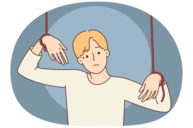Unhappy man with hands on wires manipulated by authoritative powerful employer  Illustration