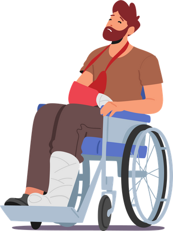 Unhappy man with leg fracture sitting on wheelchair Illustration