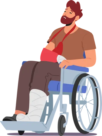 Unhappy man with leg fracture sitting on wheelchair Illustration