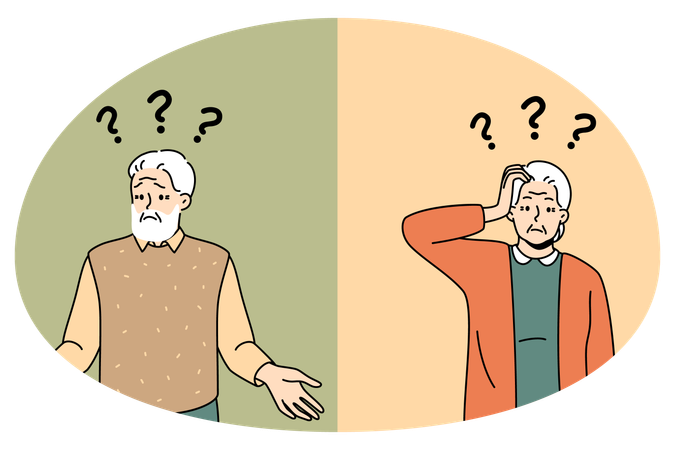 Unhappy old man and woman with question marks above head suffer from Alzheimer disease  Illustration