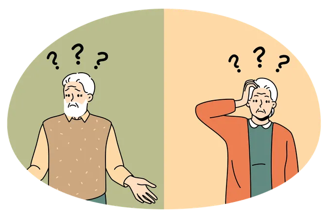 Unhappy old man and woman with question marks above head suffer from Alzheimer disease  Illustration