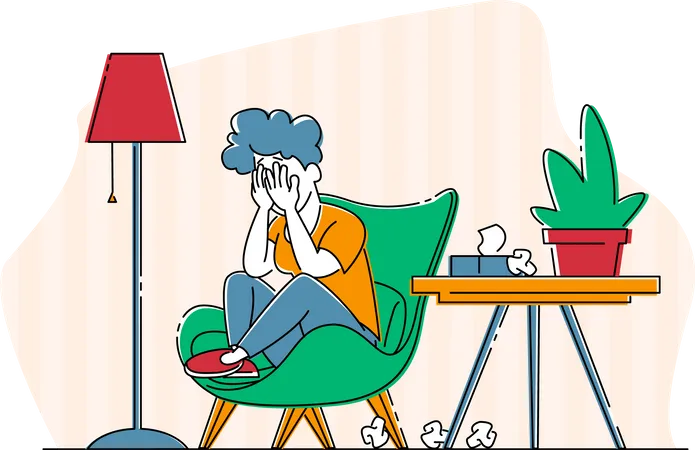 Unhappy Sad Female Crying  Sitting in Chair Illustration