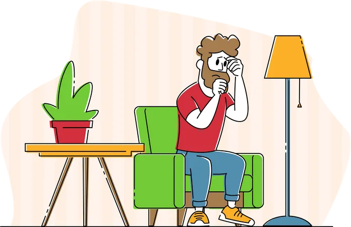 Unhappy Sad Man Character Sitting In Living Room With Suffering Face Feel Bad Cos Of Quarrel With Wife Family Relations Divorce Depression And Marriage Crisis Concept Linear Vector Illustration Illustration