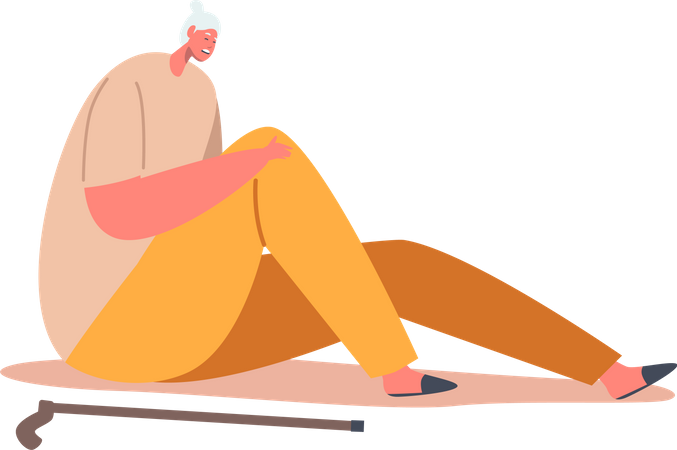 Unhappy Senior Woman Sitting on Floor with Cane Illustration