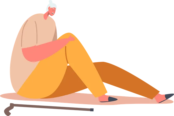 Unhappy Senior Woman Sitting on Floor with Cane Illustration
