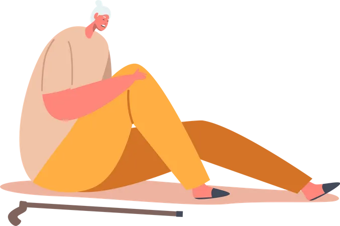 Unhappy Senior Woman Sitting on Floor with Cane  Illustration