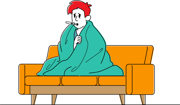 Unhappy Sick Man Sitting on Sofa Wrapped to Plaid Having Fever Measuring Temperature Illustration