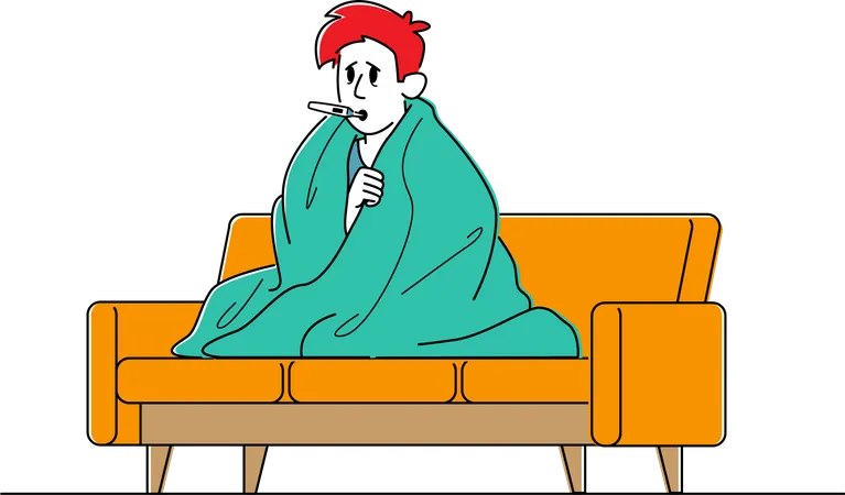 Unhappy Sick Man Sitting on Sofa Wrapped to Plaid Having Fever Measuring Temperature Illustration