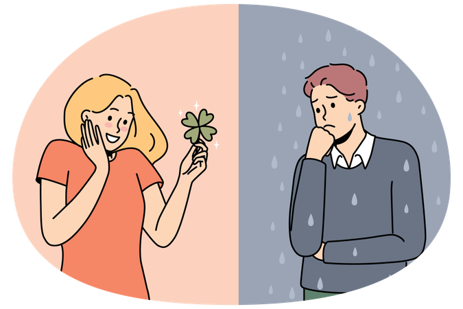 Unhappy stressed man and smiling optimistic woman feeling different moods  Illustration
