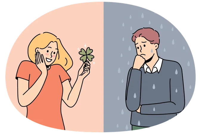 Unhappy stressed man and smiling optimistic woman feeling different moods  Illustration