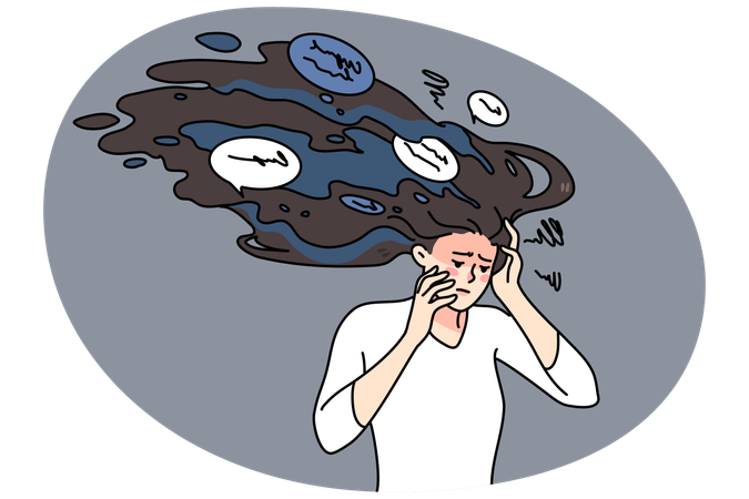 Unhappy stressed woman with paranoid thoughts in mind  Illustration
