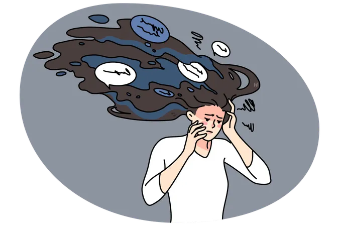 Unhappy stressed woman with paranoid thoughts in mind  Illustration