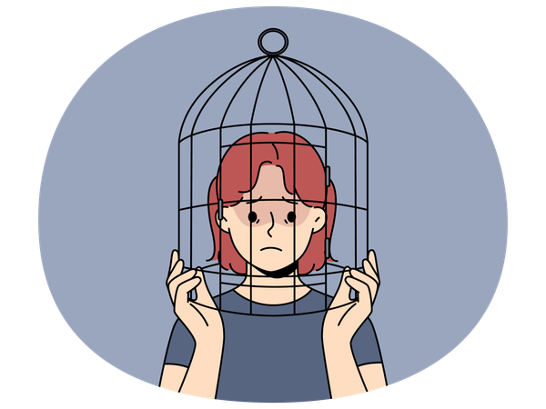 Unhappy teen girl with head in birdcage  Illustration