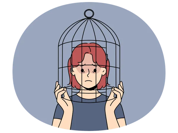 Unhappy teen girl with head in birdcage  Illustration